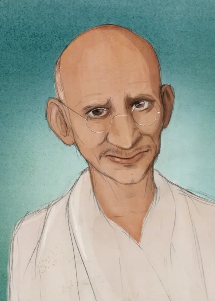 Piirustus Mahatma Gandhista valkoisessa vaatetuksessa sinivihreää taustaa vasten. Jakso: Mahatma Gandhi: Intian vapauden puolustaja. Ohjelma: Historierummet på finska.
Teckning av Mahatma Gandhi i vit klädnad mot blågrön bakgrund. Illustration: Charlotte Heyman
