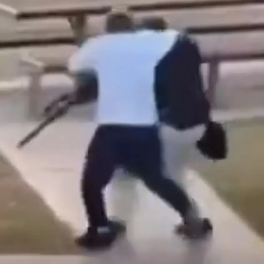 Två personer är involverade i en fysisk konfrontation utomhus, där en av dem håller i ett föremål som liknar ett gevär. En parkmiljö med picknickbord syns i bakgrunden.