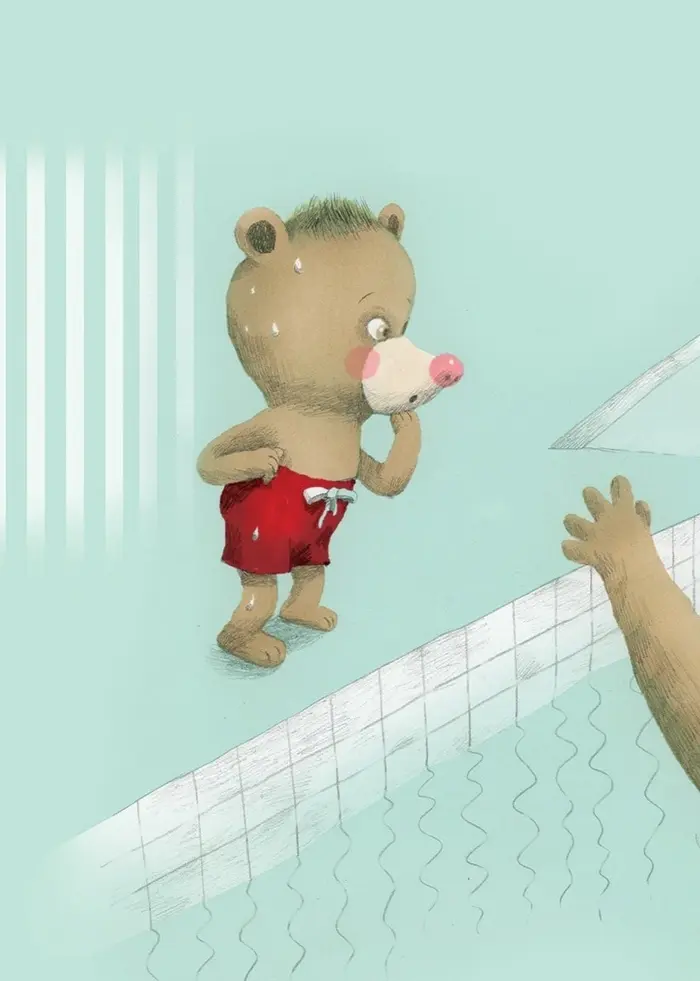 Nalle och pappa är i simhallen, Nalle står på kanten till bassängen och pappa är i vattnet. Illustration: Lotta Geffenblad