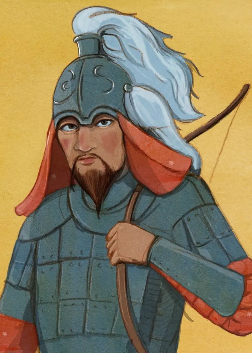 Piirros Tšingis-kaanista, mongolien valtakunnan perustajasta, pukeutuneena perinteiseen panssariin ja kypärään, kädessään jousi. Kuva liittyy Historierummet på finska -ohjelmaan.
Illustration av Djingis Khan, grundaren av det mongoliska riket, klädd i traditionell rustning och hjälm, med en båge i handen.
Illustration: Charlotte Heyman