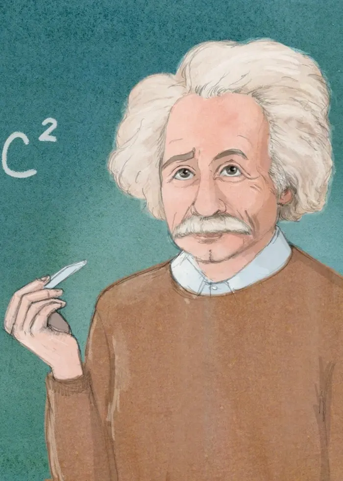 Piirustus Albert Einsteinista, jolla on valkoinen, tuuhea tukka ja ruskea villapaita. Hän pitää kädessään liitua ja seisoo liitutaulun edessä, jossa lukee kaava E=mc². Jakso: Albert Einstein: Yksi maailman tunnetuimmista neroista. Ohjelma: Historierummet på finska.
Teckning av Albert Einstein med vitt, yvigt hår och brun ylletröja. Han håller ett krita i handen och står framför en griffeltavla där formeln E=mc² är skriven. 
 Illustration: Charlotte Heyman