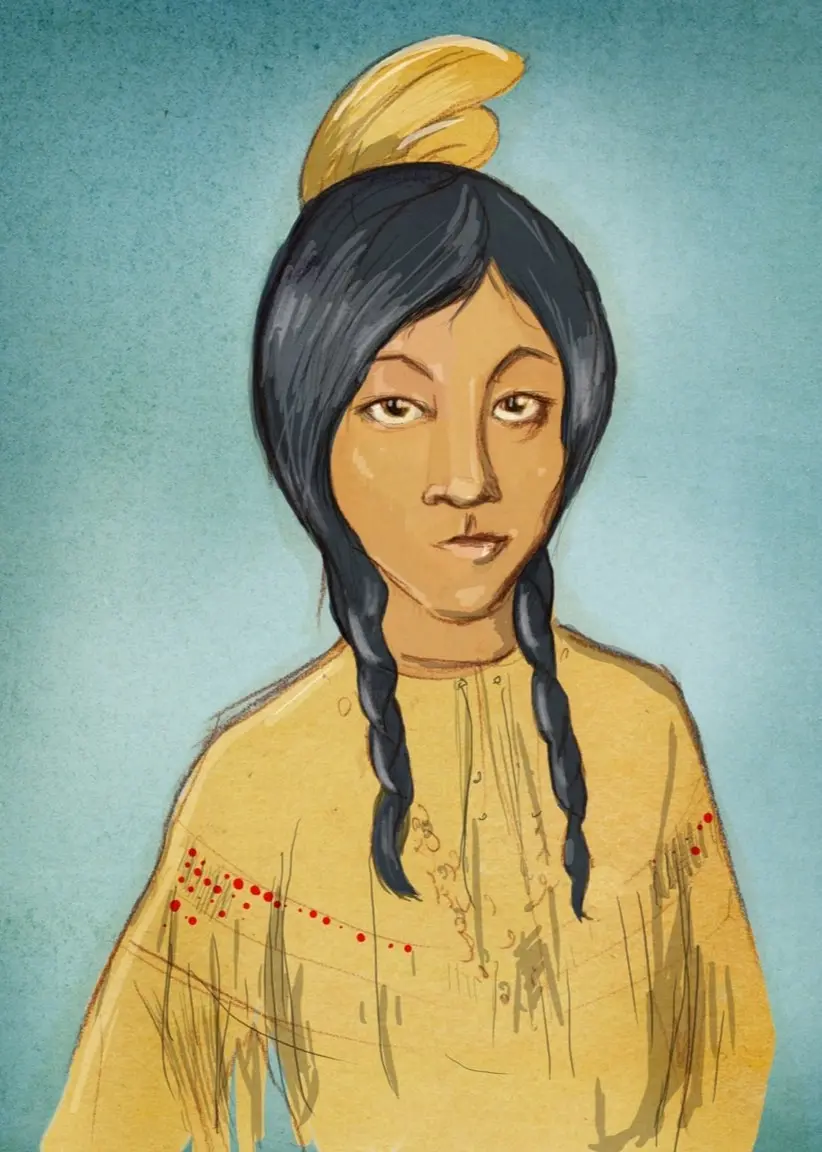 Piirustus Pocahontasista, jolla on pitkä musta tukka kahdella letillä ja keltainen koristeellinen paita, päässään keltainen sulka. Taustana sinertävä pinta. Ohjelma: Historierummet på finska, jakso ”Pocahontas: tyttö legendan takana”.

Teckning av Pocahontas med långt svart hår i två flätor och gul dekorerad skjorta, samt en gul fjäder på huvudet. Blåaktig bakgrund. Program: Historierummet