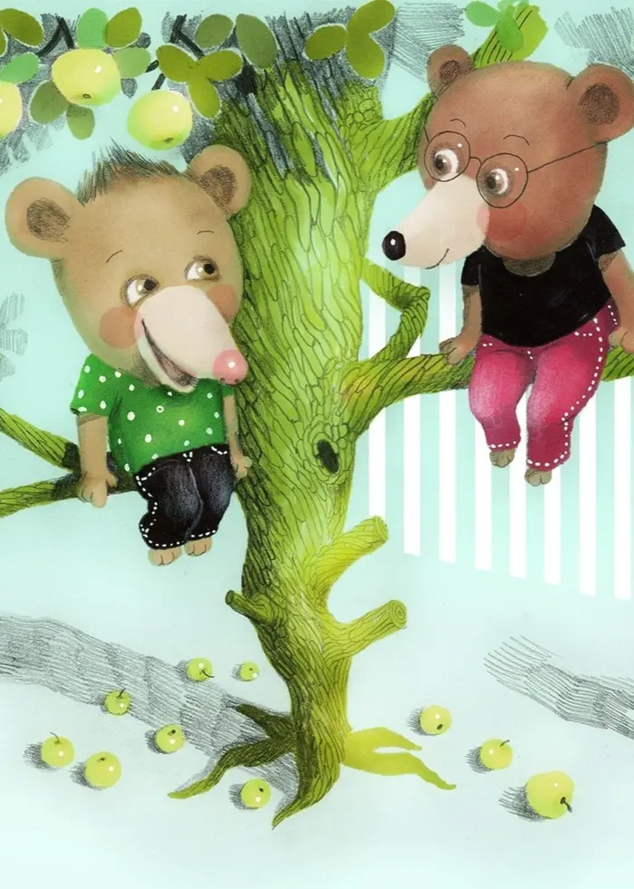 Nalle och Bästis har klättrat upp i ett äppelträd. Det är ett jättebra klätterträd. Men hur kommer man ner? Illustration: Lotta Geffenblad