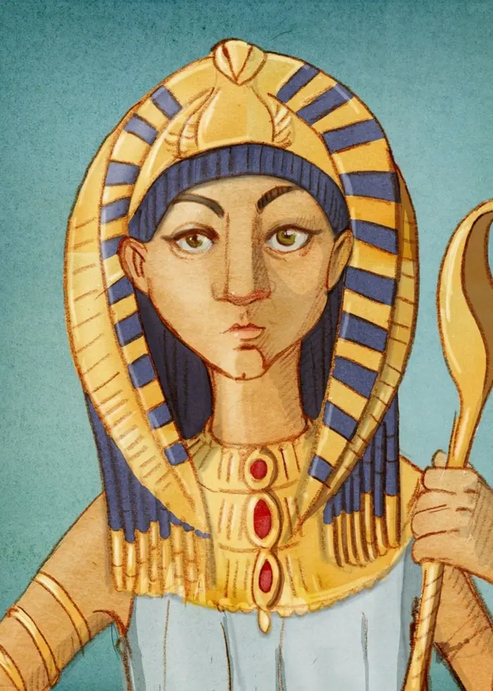 Piirustus Kleopatrasta, joka seisoo sinivihreää taustaa vasten. Hänellä on kullasta ja sinisestä koostuva egyptiläistyylinen kruunu, koristeellinen kaulakoru suurilla punaisilla jalokivillä sekä kultainen valtikka, jonka päässä on käärmeen muoto. Ohjelma: Historierummet på finska, jakso: Kleopatra: Egyptin legendaarinen kuningatar.

På svenska:

Teckning av Kleopatra mot en blågrön bakgrund. Hon bär en egyptisk krona i guld och blått, ett pråligt halsmycke med stora röda juveler samt en gyllene spira med ett ormliknande huvud. 