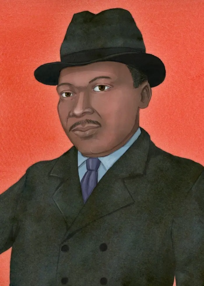 I teckningen ser vi Martin Luther King med mörk kostym och hatt, höger hand höjd som vid en ed. Bakgrunden är röd.
Illustration: Charlotte Heyman