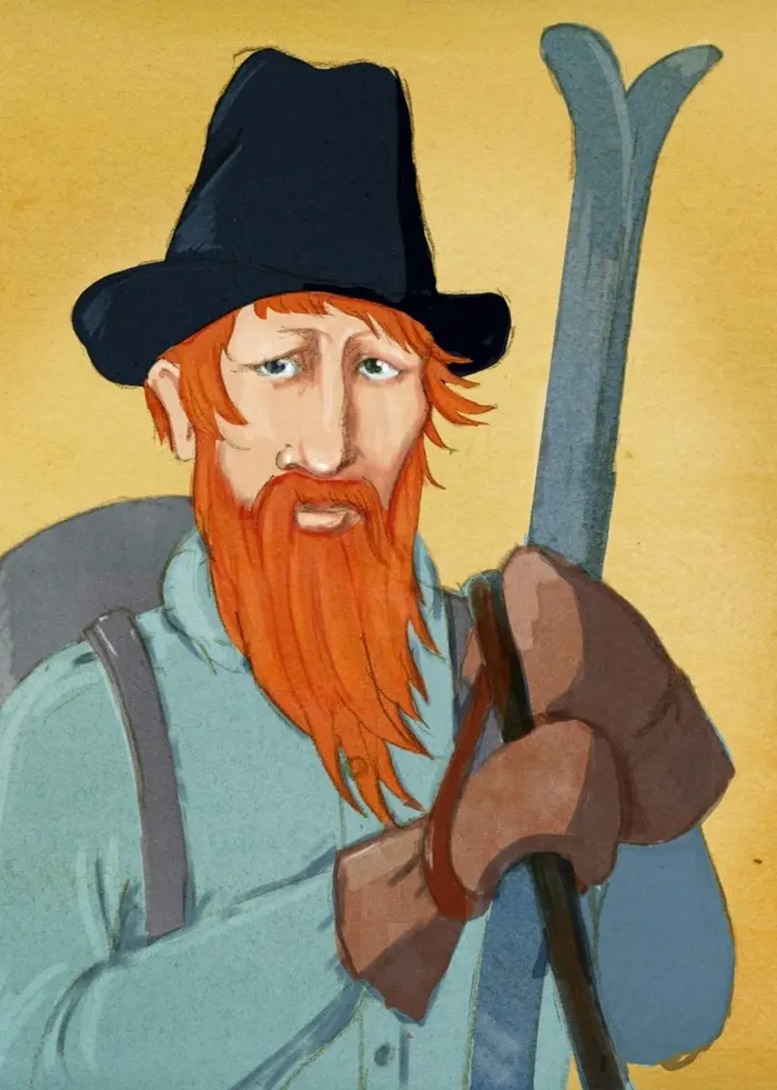 Piirustus Kustaa Vaasasta, joka seisoo keltaista taustaa vasten. Hänellä on leveälierinen musta hattu, pitkä punainen parta, vaaleansininen paita. Ruskeat hansikkaat käsissään hän pitää suksia olallaan, ja selässään hänellä on harmaa reppu. Ohjelma: Historierummet på finska, jakso ”Kustaa Vaasa: sukset, parta ja tyrannia”.
Teckning av Gustav Vasa som står mot gul bakgrund. Han bär en svart bredbrättad hatt, långt rött skägg, ljusblå skjorta. Med bruna handskar håller han skidor över axeln och har en grå ryggsäck på ryggen. Program: Historierummet