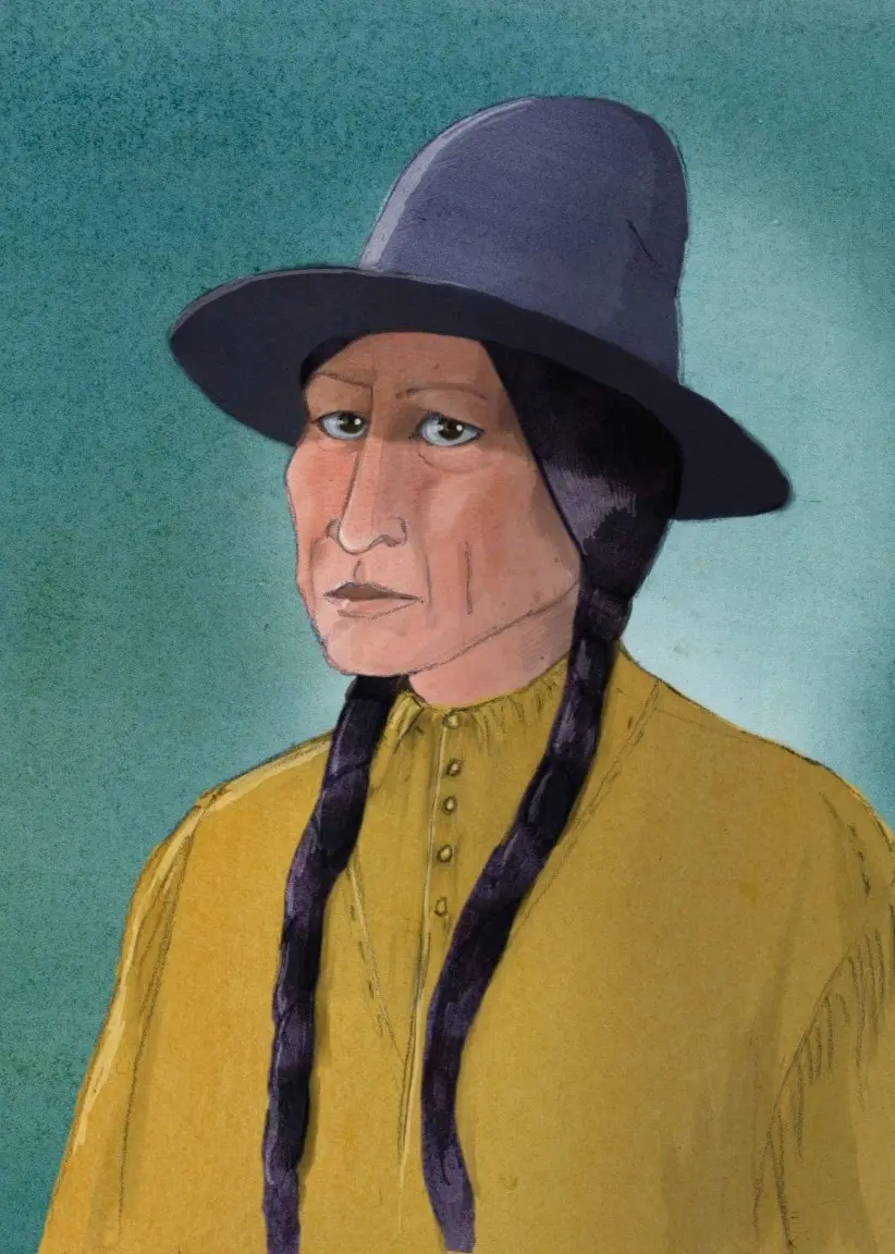 Teckning av Sitting Bull i gul skjorta och bredbrättad hatt, med blågrön bakgrund. 

Illustration: Charlotte Heyman