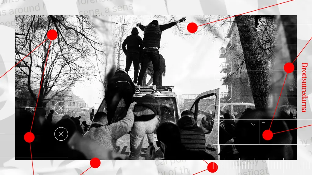 Bild från påskupploppen i Örebro. Flera personer hoppar ovanpå en polisbuss. Bilden är svartvit i Brottsutredarnas grafiska mall.