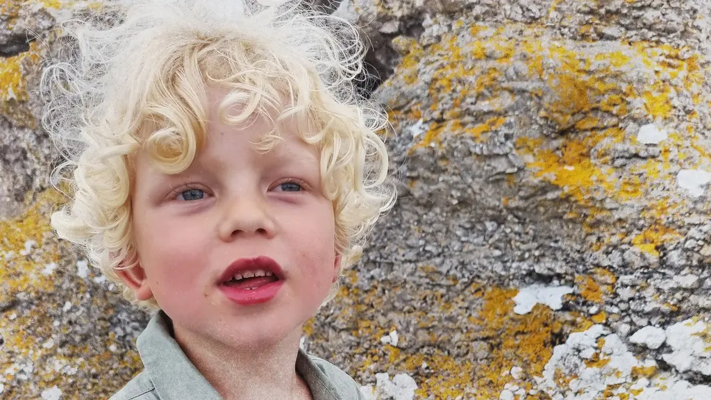 En pojke med blont lockigt hår i skjorta, utomhus. Bilden är ett montage där man ser grönska i bakgrunden.