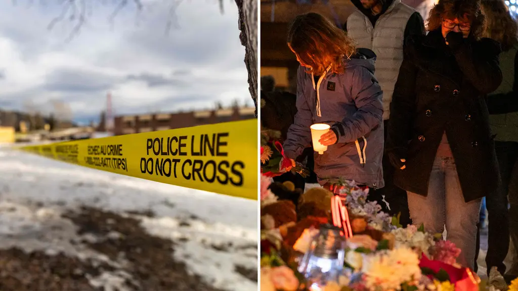 Polistejp och människor som sörjer vid tända ljus och blommor.