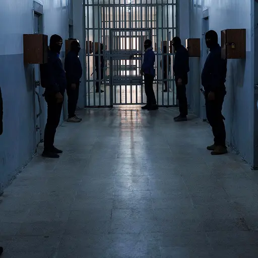 Vakter som bevakar IS-fångar i en korridor i Gwiranfängelset i Hassakeh i Syrien.