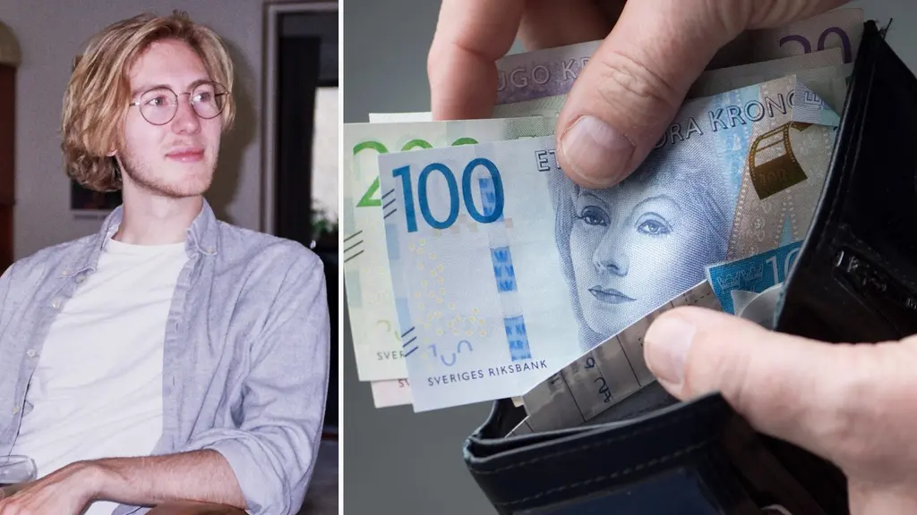 En hand håller en plånbok med sedlar i ena delen av bilden, medan en person i en ljus skjorta sitter i en inomhusmiljö i den andra delen.