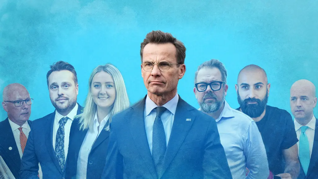 Sex män och en kvinna i blått: Finn Bengtsson, Christian Sonesson, Sara Ullmark, Ulf Kristersson, Jari Puustinen, Fredrik Reinfeldt och Hanif Bali.