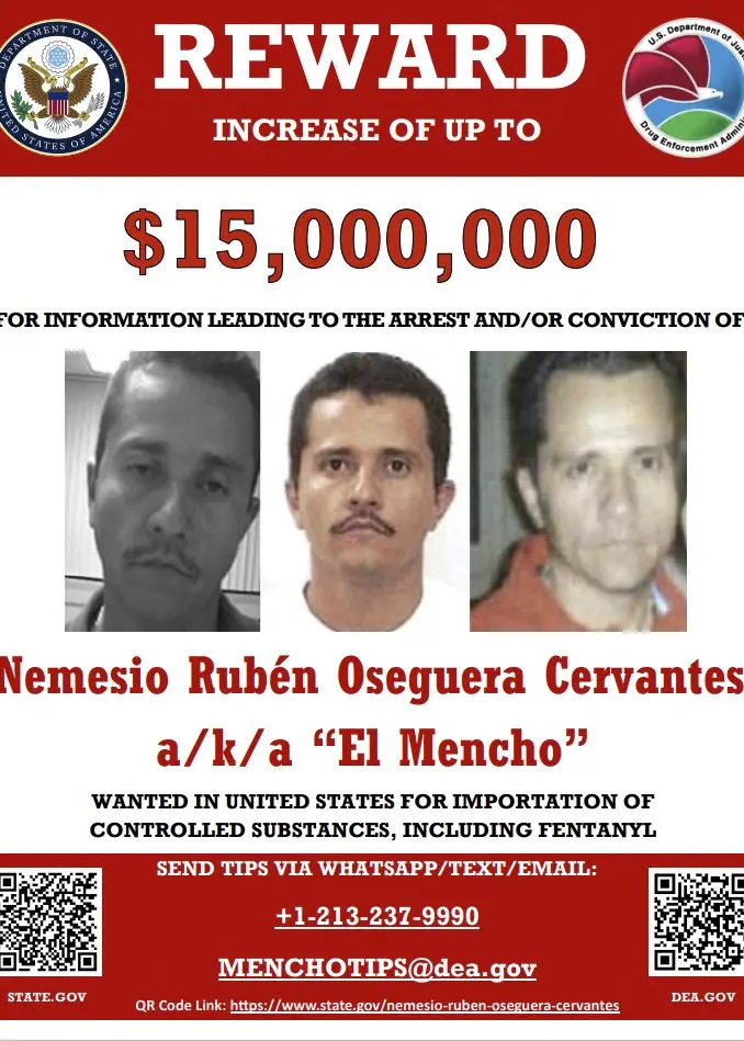 En bild på en informationsgrafik med rubriken '¿Quién era El Mencho?'. Texten listar punkter om internationell droghandel, territoriell expansion, vapenanvändning och konfrontationer med säkerhetsstyrkor.