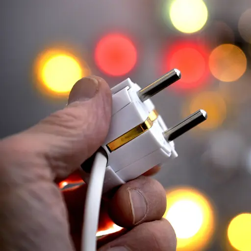 Närbild på en hand håller i en elkontakt. I bakgrunden lyser flera lamor i gult, rött och orange. Foto: Janerik Henriksson / TT