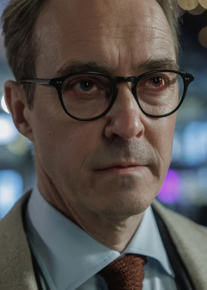 En man i kostym och slips står i en modern och upplyst miljö med suddiga människor och ljusskyltar i bakgrunden. Han bär glasögon och ser allvarlig ut.