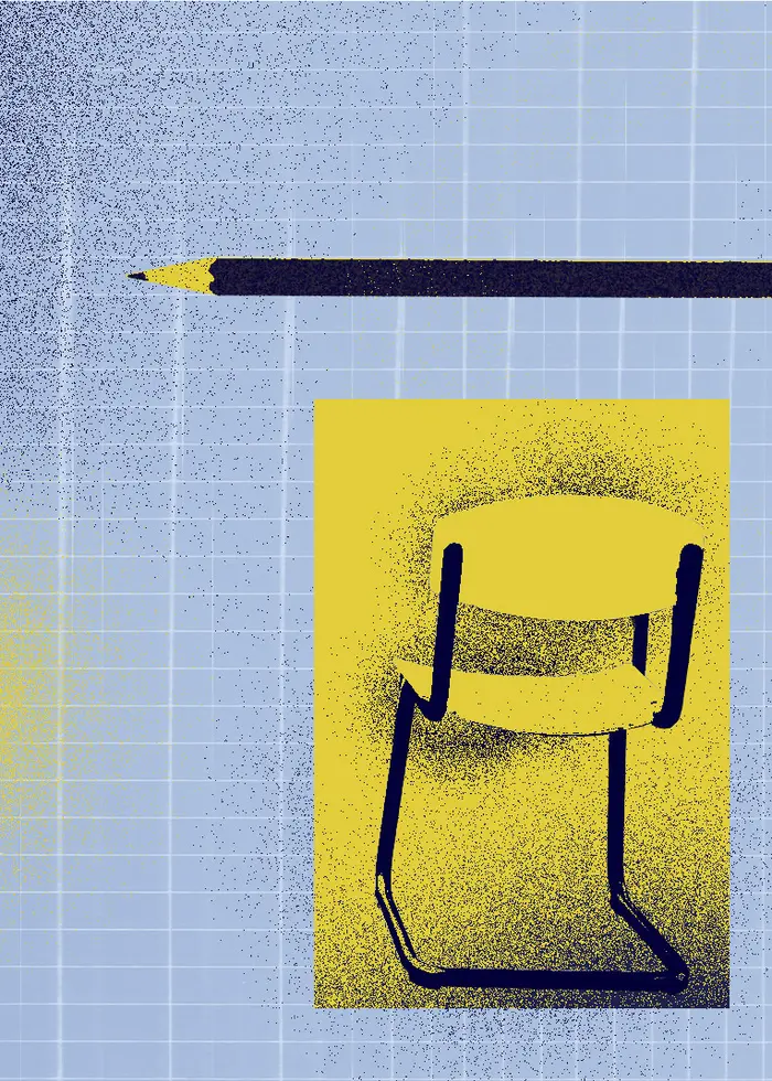 Kollage som visar en stol i ett klassrum och en blyertspenna