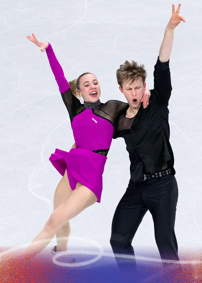 Två svenska isdansare, Milla Ruud Reitan och Nikolaj Majorov, framför en rytmisk dans på is under OS i Milano 2026. Den kvinnliga åkaren bär en lila klänning, medan mannen har en svart outfit.