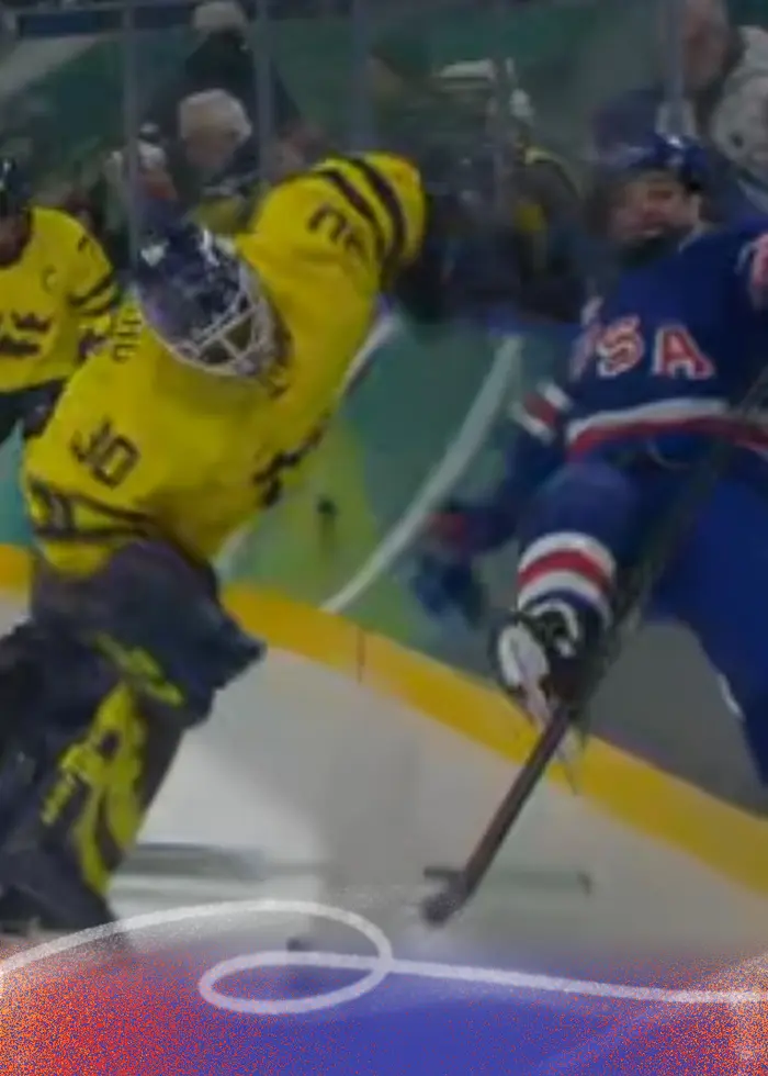 En ishockeyspelare i gult landslagsställ syns i närbild på höger sida, och på vänster sida en actionbild från en match där spelaren tacklar en motståndare i blått och rött.