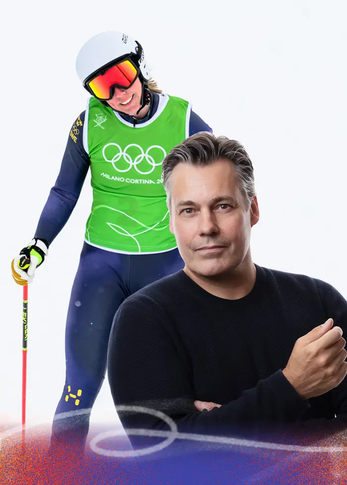 Sandra Näslund under OS samt expert Tobias Hellman infälld i bild.