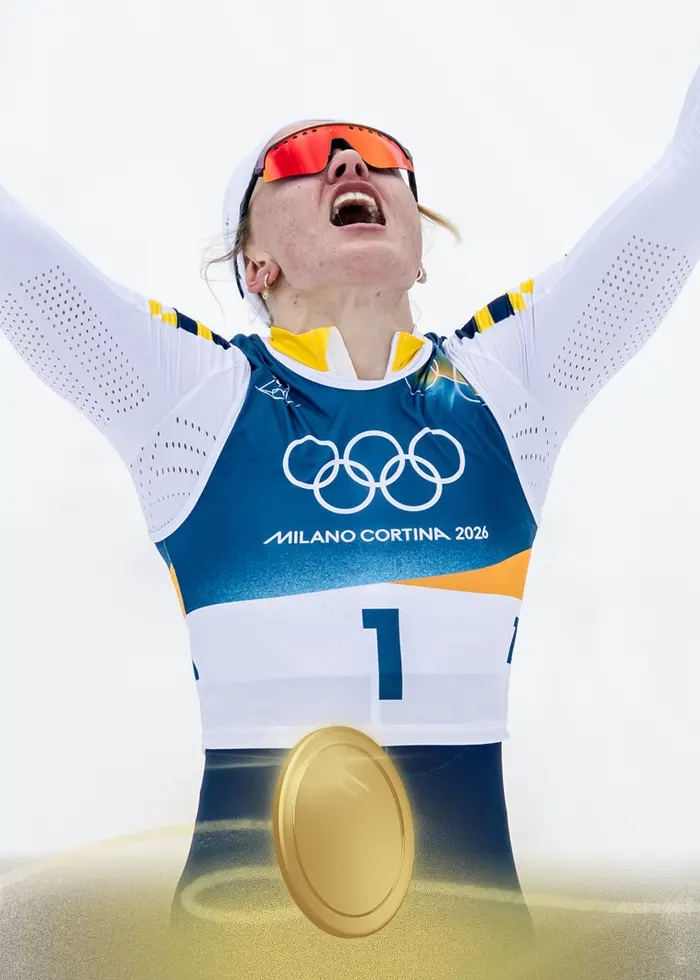 Linn Svahn jublar efter segern i OS-sprinten på längdskidor. Foto: Joel Marklund/Bildbyrån