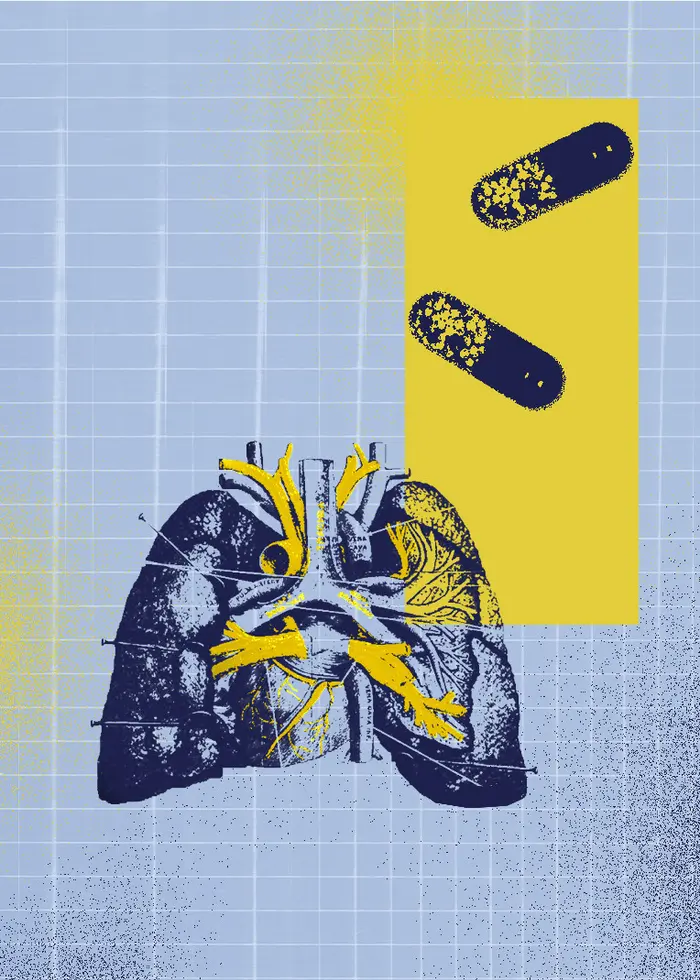 Kollage som visar en lunga och två piller