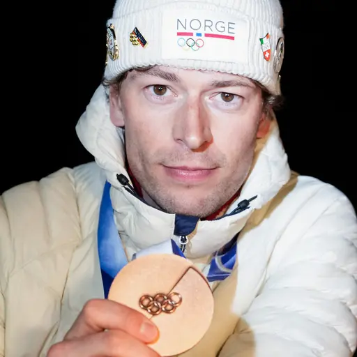 En person i vit jacka och mössa ses i närbild. Personen bär också ett blått band runt halsen, troligtvis en del av en medalj eller utmärkelse. Bakgrunden är suddig.