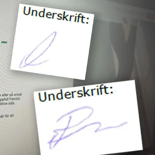 En bild med texten 'Steget till förändring – tillsammans skapar vi möjligheter' i grönt. Två signaturer markerade som 'Underskrift' syns på dokumentet. P4 Granskar står i övre vänstra hörnet.