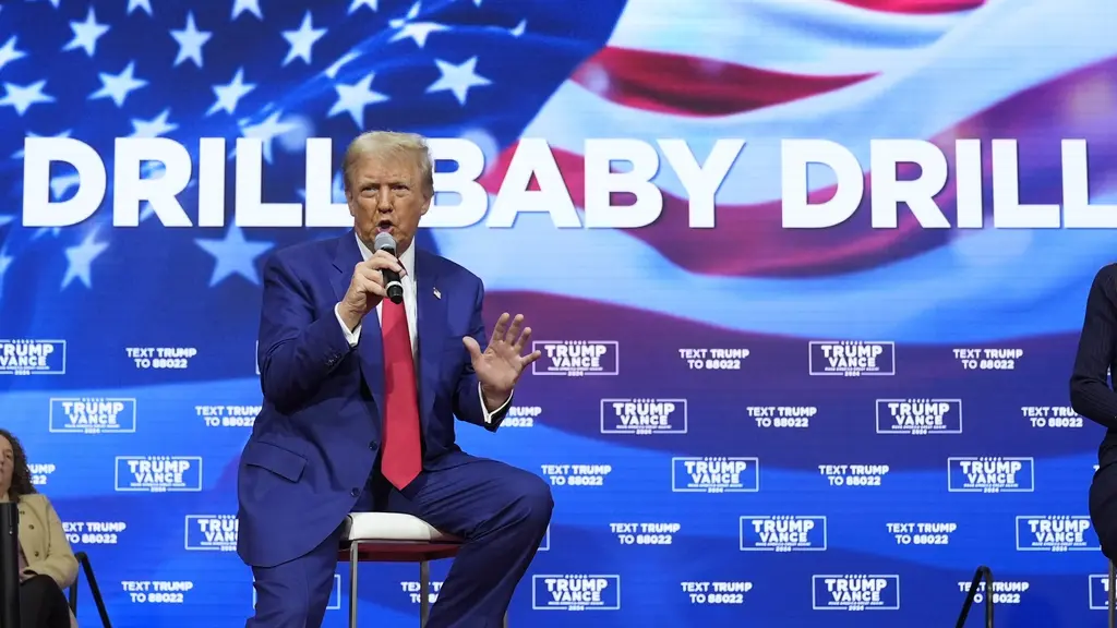 Donald Trump framför en skärm där det står ”Drill baby drill”.