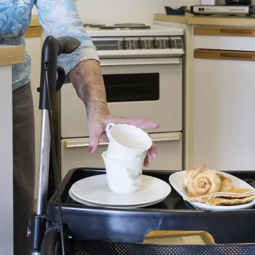 En äldre person sitter i en rullstol utomhus i en trädgård. Personen bär ett trygghetslarm på armen och håller ena handen på rullstolens hjul. Soligt väder och grönt gräs i bakgrunden.