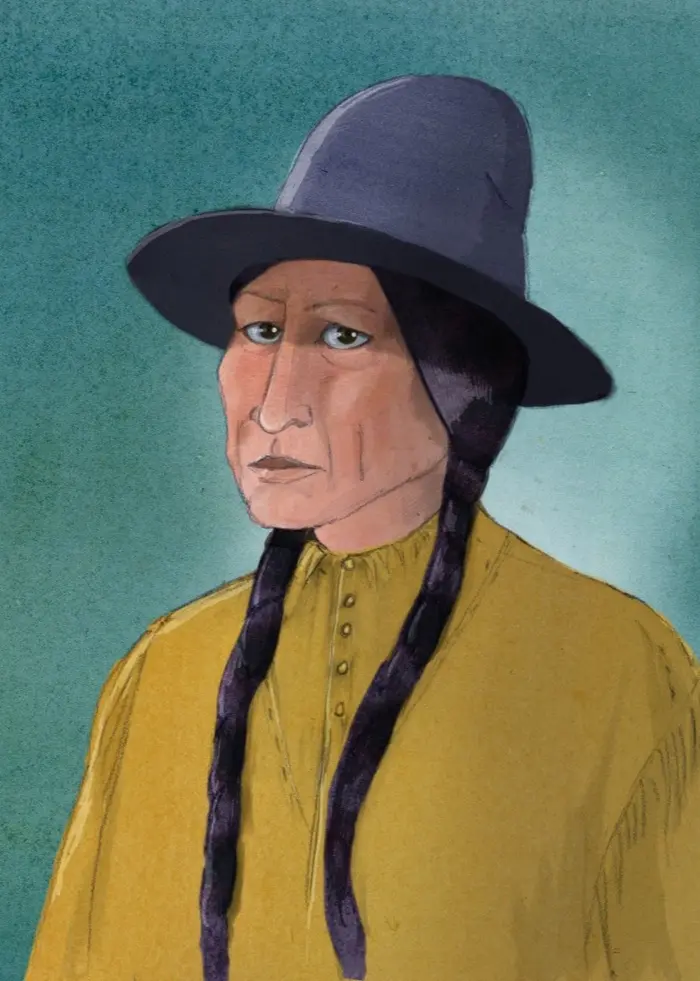 Piirustus, jossa Istuva Härkä seisoo keltaisessa paidassa ja leveälierinen hattu päässä, hänellä on pitkät mustat letit. Taustaväri on sinivihreä. Ohjelma: Historierummet på finska. Jakso: Istuva Härkä: Preerian vapaustaistelija.

Teckning av Sitting Bull i gul skjorta och bredbrättad hatt, med blågrön bakgrund. 

Illustration: Charlotte Heyman