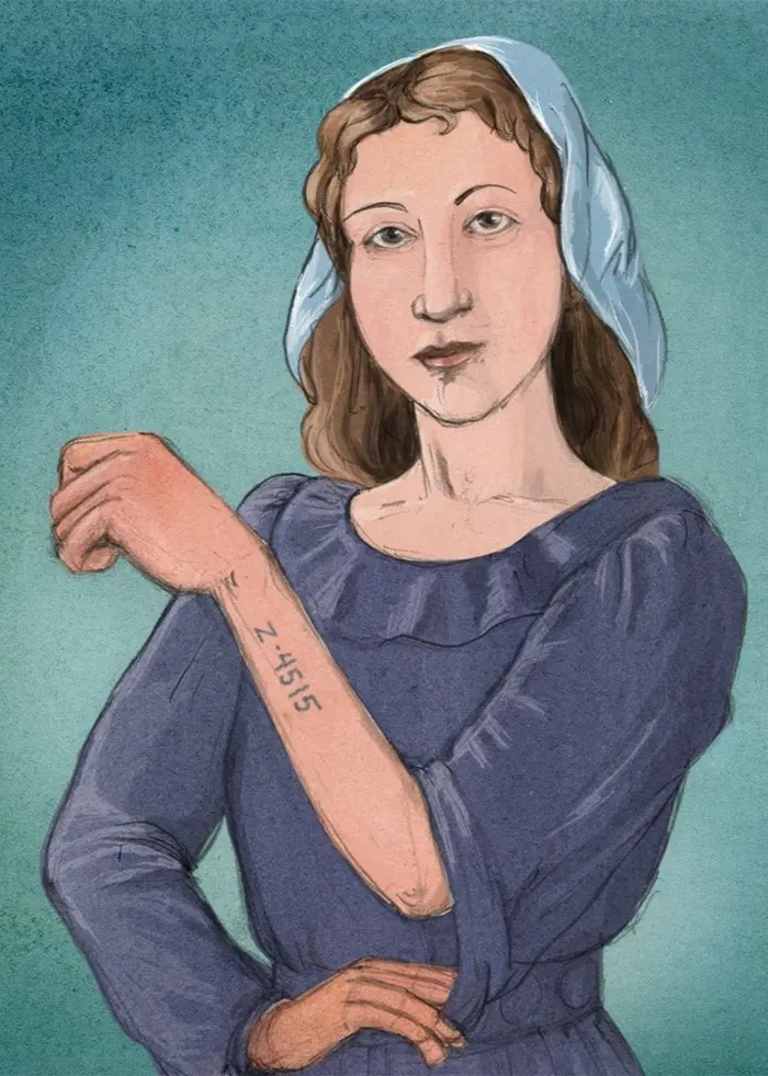 Piirustus, jossa nainen seisoo vihreää taustaa vasten, pukeutuneena siniseen pitkähihaiseen mekkoon ja vaaleansiniseen huiviin. Hän pitää vasenta käsivarttaan esillä, jossa näkyy tatuointinumero Z-4515. Ohjelma: Historierummet på finska, jakso: Sofia Brzezinska: Tyttö joka selvisi keskitysleireistä.
Teckning av en kvinna mot grön bakgrund, klädd i blå långärmad klänning och ljusblå scarf. Hon visar sin vänstra arm med tatueringen Z-4515. Program: Historierummet på finska, avsnitt: Sofia Brzezinska: Flickan som överlevde koncentrationslägren.