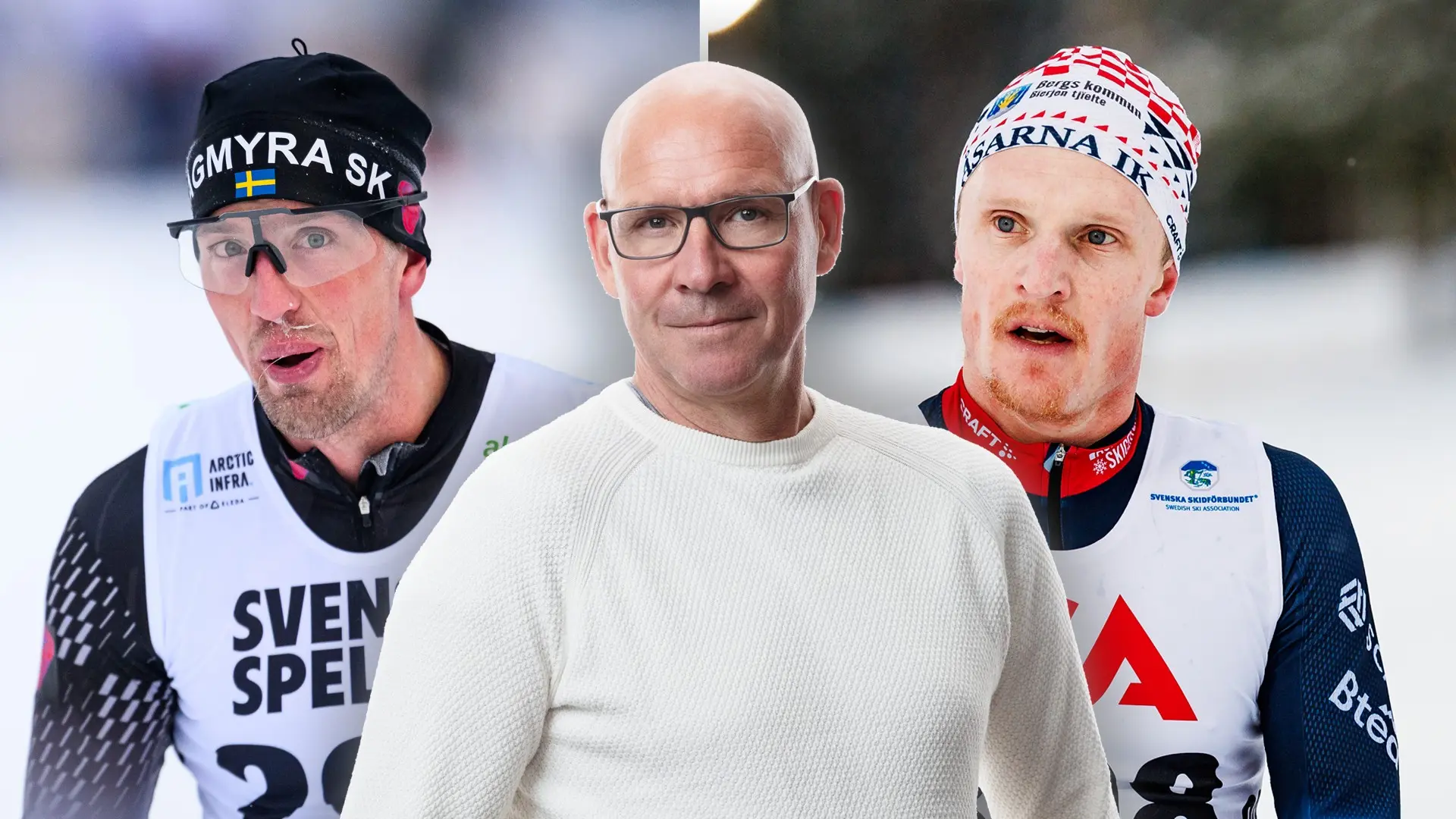 Torgny Mogren till vänster i bild är inklippt, i bakgrunden syns det svenska herrlandslaget i längdskidor när de tränar i en skidtunnel i Torsby.