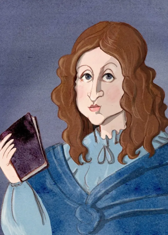 Piirustus henkilöstä historiallisessa asussa, ruskeat kiharat hiukset ja sininen viitta, kädessä tumma kirja. Tausta harmaa. Ohjelma: Historierummet—jakso Kuningatar Kristiinasta.

Teckning av en person i historisk dräkt med brunt lockigt hår och blå mantel som håller en mörk bok, mot grå bakgrund. Program: Historierummet—avsnitt om Drottning Kristina.