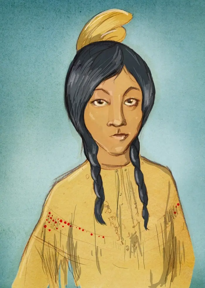 Piirustus Pocahontasista, jolla on pitkä musta tukka kahdella letillä ja keltainen koristeellinen paita, päässään keltainen sulka. Taustana sinertävä pinta. Ohjelma: Historierummet på finska, jakso ”Pocahontas: tyttö legendan takana”.

Teckning av Pocahontas med långt svart hår i två flätor och gul dekorerad skjorta, samt en gul fjäder på huvudet. Blåaktig bakgrund. Program: Historierummet