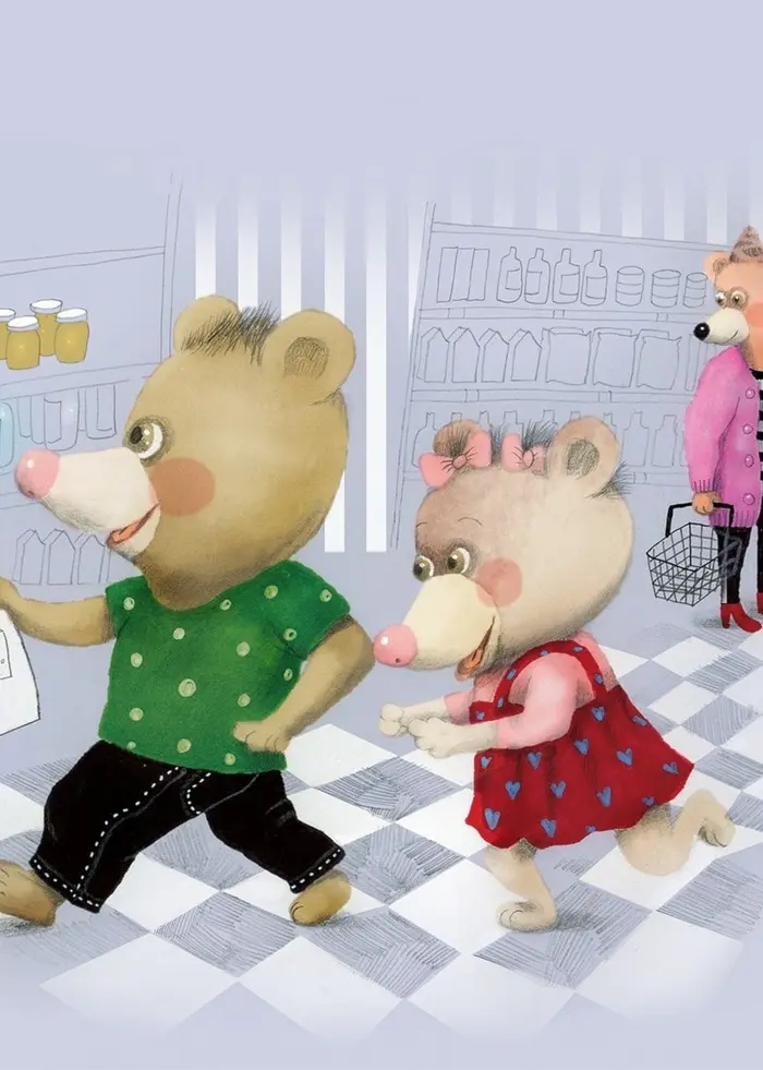 Nalle, mamma och lillasyster är i mataffären. Nalle har en inköpslista i handen, och nu ska de leta upp allt på listan. Illustration: Lotta Geffenblad