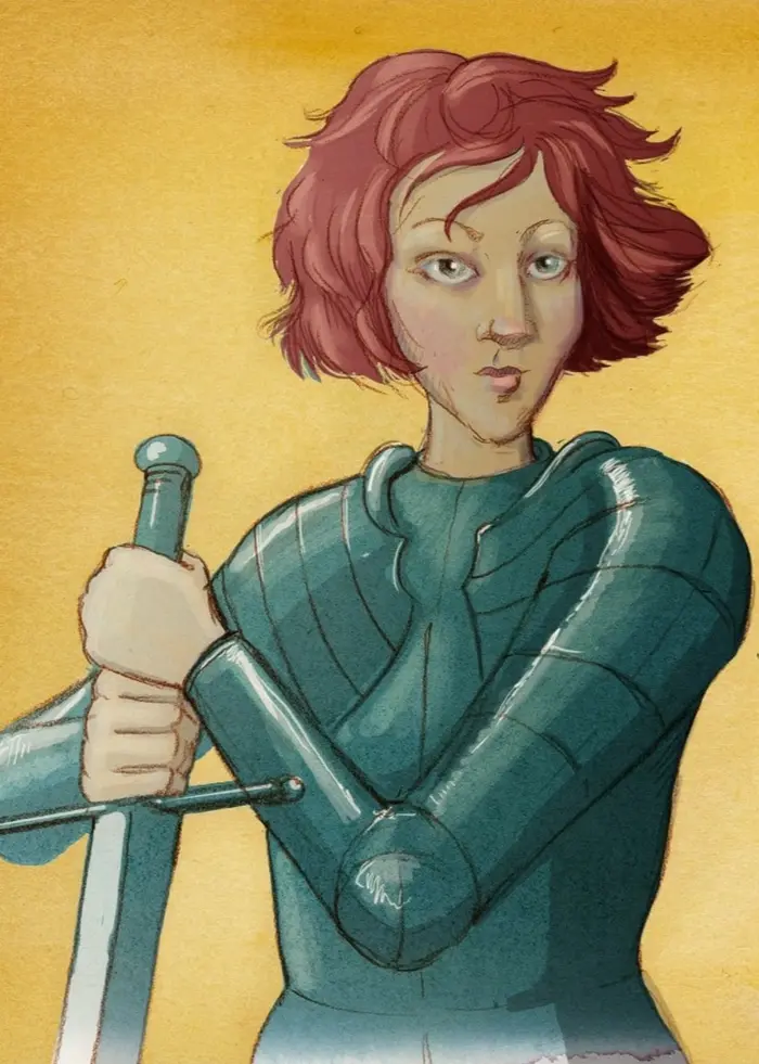 Maalaus Jeanne D'Arcista: lyhyttukkainen hahmo vihreässä ritarin haarniskassa, kädet ristissä miekan kahvan ympärillä. Keltainen tausta. Ohjelma: Historierummet på finska, jakso: Jeanne D'Arc: Maalaistyttö, josta tuli pyhimys.
Målning av en ung figur i rustning som håller ett svärd mot gul bakgrund. Program: Historierummet
Illustration: Charlotte Heyman