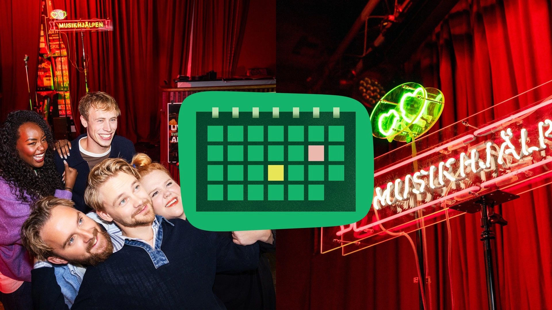 Ikon av ett grönt schema, i bakgrunden syns en neonskylt med texten Musikhjälpen och programledarna för 2025