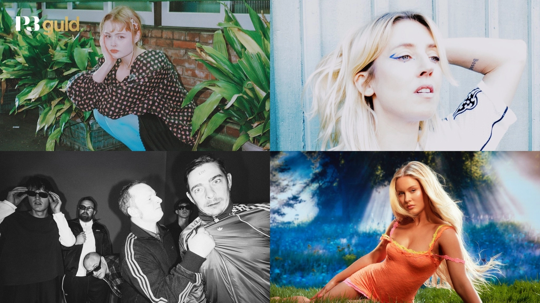 Ett kollage med fyra bilder. Längst upp till vänster: Saga Faye. Längst upp till höger: Veronica Maggio. Längst ner till vänster: Viagra Boys. Längst ner till höger: Zara Larsson.