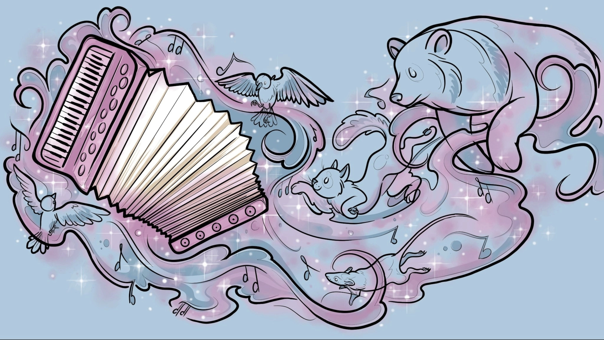 Ett dragspel omgivet av magiska vindar, gnistrande stjärnor och olika djur: fåglar, en ekorre, en björn. 