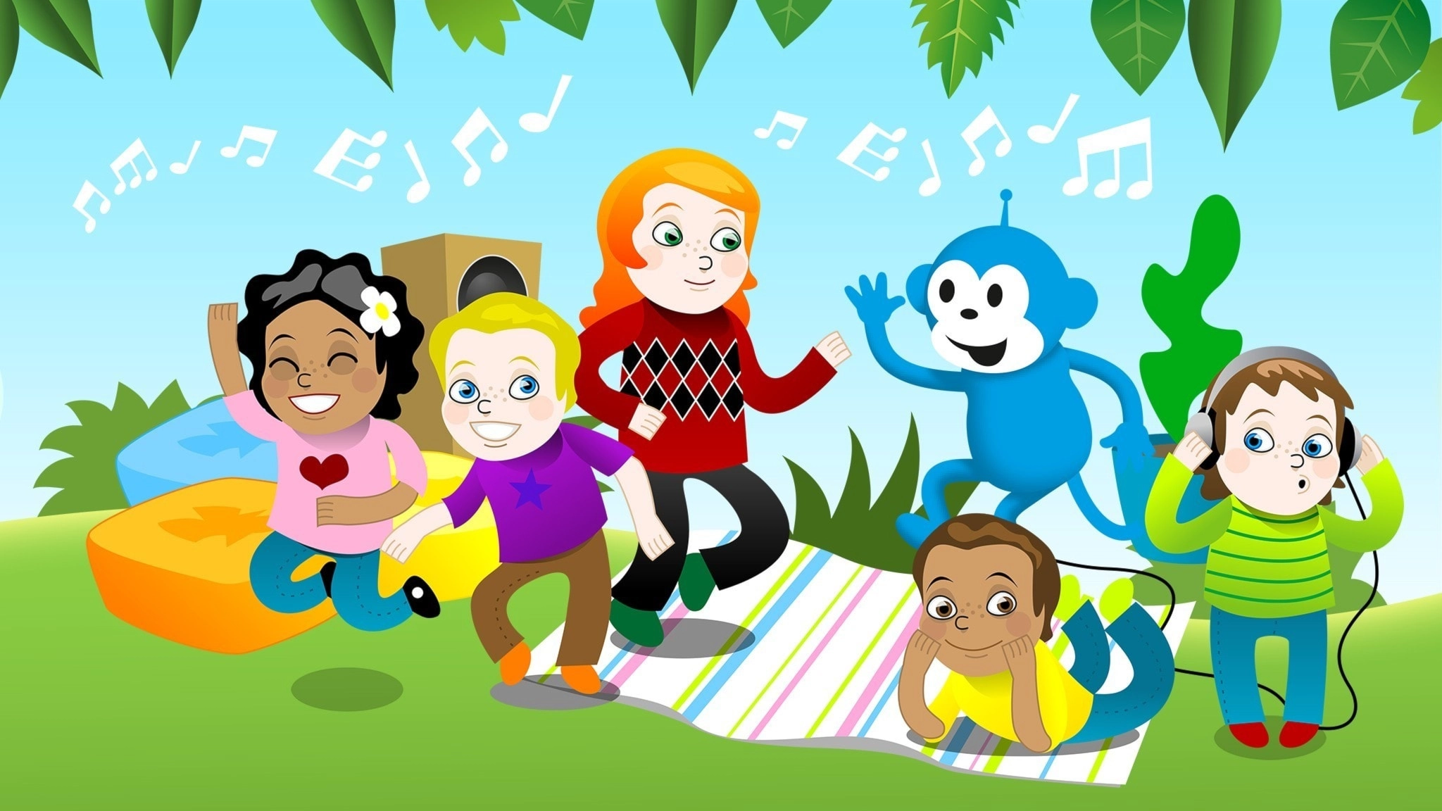 Radioapan och ett gäng barn dansar och lyssnar på musik.