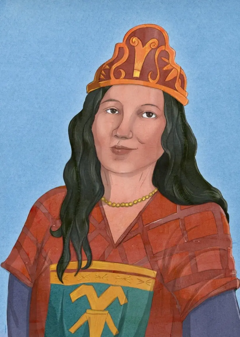 En teckning av Malinche, en historisk person. Hon bär traditionella kläder med ett mönstrat huvudstycke och ett halsband. Hon har en röd dräkt med ett dekorativt mönster på bröstet. Bakgrunden är ljusblå.

Malinche i Historierummet. Illustration: Charlotte Heyman