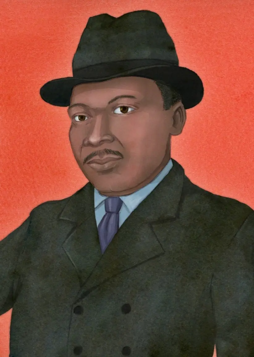 I teckningen ser vi Martin Luther King med mörk kostym och hatt, höger hand höjd som vid en ed. Bakgrunden är röd.
Illustration: Charlotte Heyman