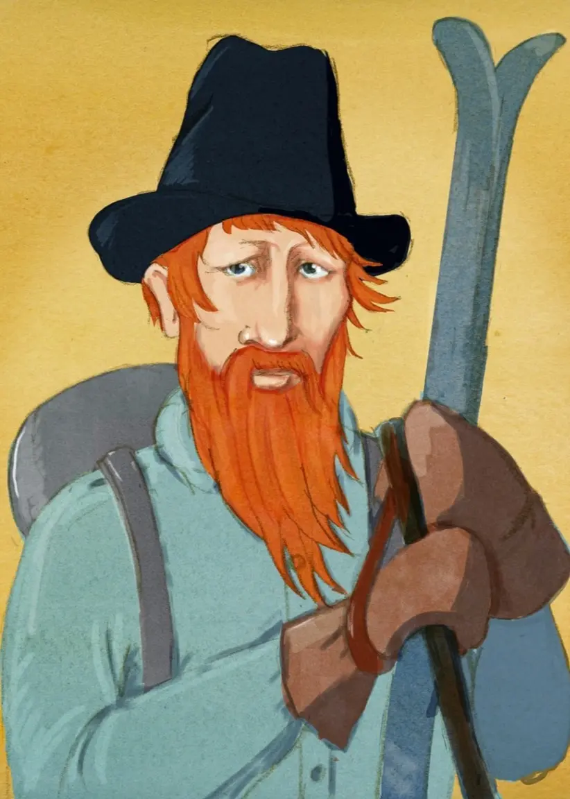 Piirustus Kustaa Vaasasta, joka seisoo keltaista taustaa vasten. Hänellä on leveälierinen musta hattu, pitkä punainen parta, vaaleansininen paita. Ruskeat hansikkaat käsissään hän pitää suksia olallaan, ja selässään hänellä on harmaa reppu. Ohjelma: Historierummet på finska, jakso ”Kustaa Vaasa: sukset, parta ja tyrannia”.
Teckning av Gustav Vasa som står mot gul bakgrund. Han bär en svart bredbrättad hatt, långt rött skägg, ljusblå skjorta. Med bruna handskar håller han skidor över axeln och har en grå ryggsäck på ryggen. Program: Historierummet