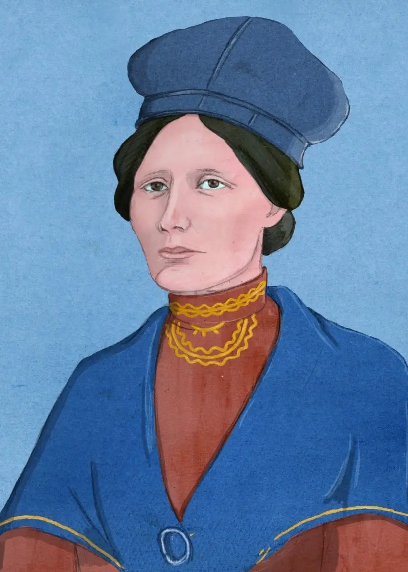 I teckningen ser vi  Elsa Laula Renberg iklädd en samisk kolt i blått och rött. Bakgrunden är himmelsblå.
Elsa Laula Renberg i Historierummet. Illustration: Charlotte Heyman