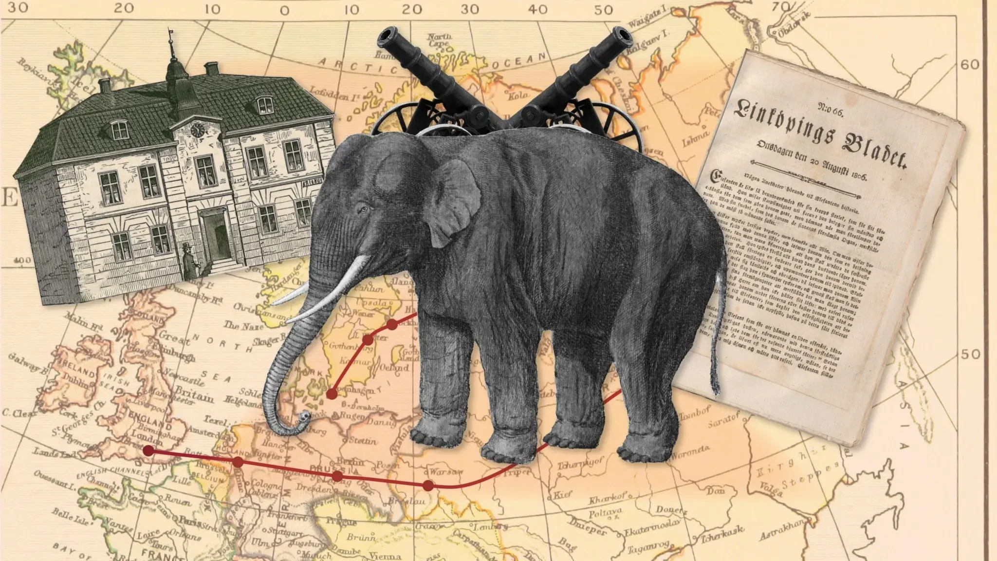 Svartvit bild på elefanten som besökte Skänninge.  I bakgrunden illustrerad bild av Skänninges rådhus och en världskarta.