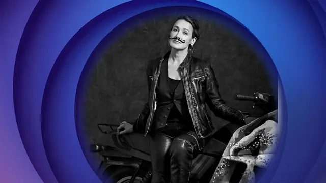 Artist Catrine Näsmark sat on her motorbike wearing a moustache in an advert to promote prostate cancer awareness month. 