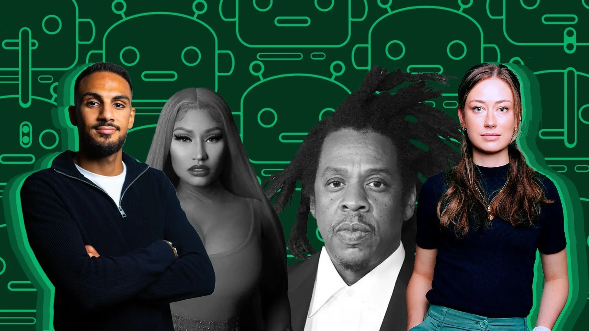 Kollage av bilder på Haider El Timimi, Evelina Galli, Nicki Minaj och Jay-Z.