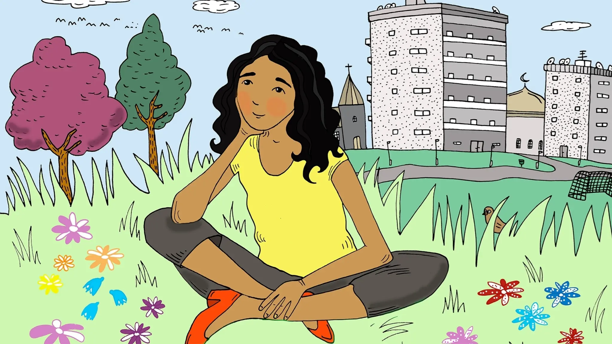 Pippi i Rinkeby, del 1 - Pippi sitter i gräset och tänker. Bild: Amanda Eriksson