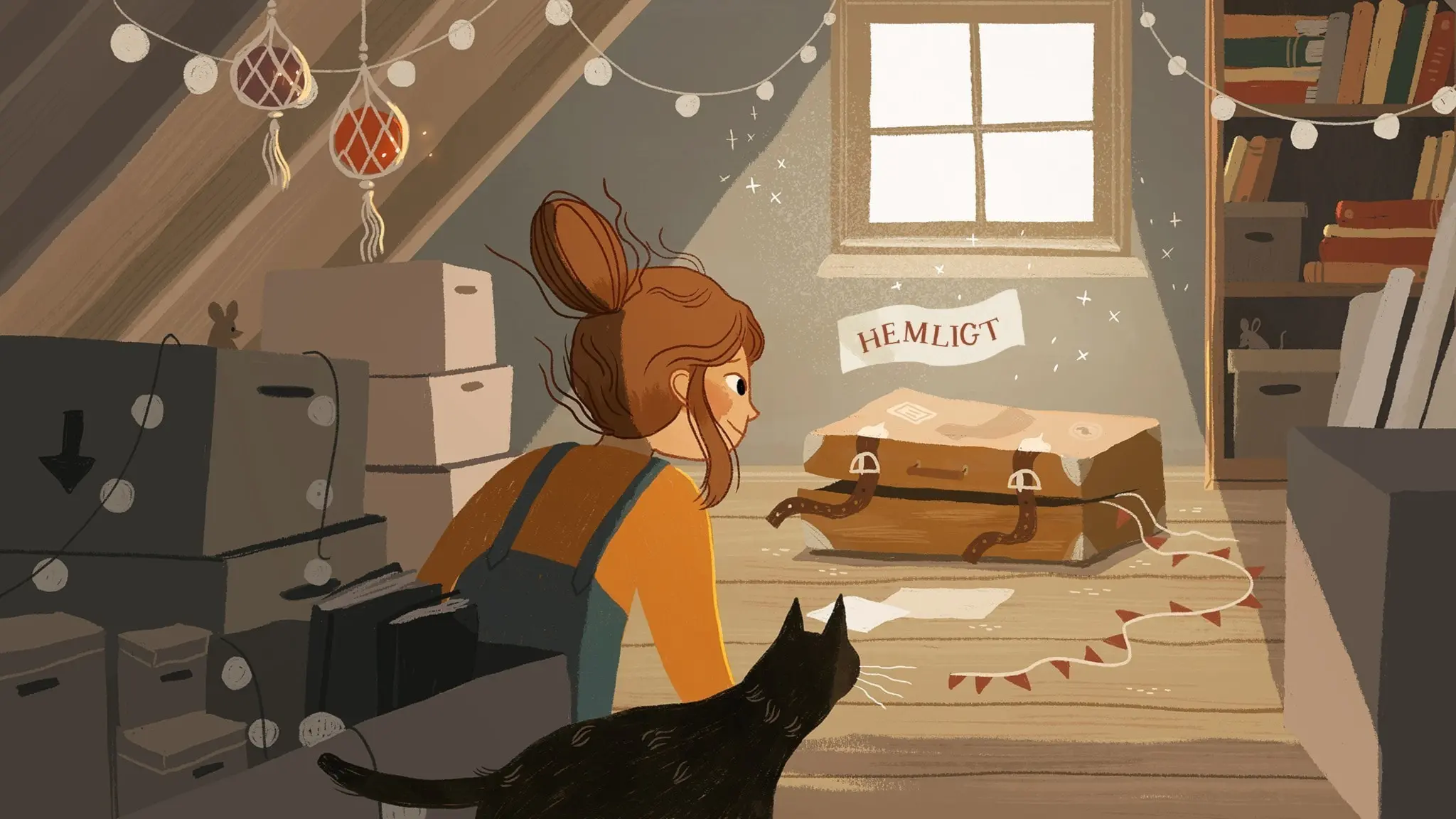 Vilma är uppe på vinden hemma hos moster Anja. Där är det fullt med lådor och prylar. I ett hörn hittar Vilma en gammal resväska, som ser levande ut. Ovanför väskan svävar en lapp där det står HEMLIGT. Illustration: Cecilia Heikkilä